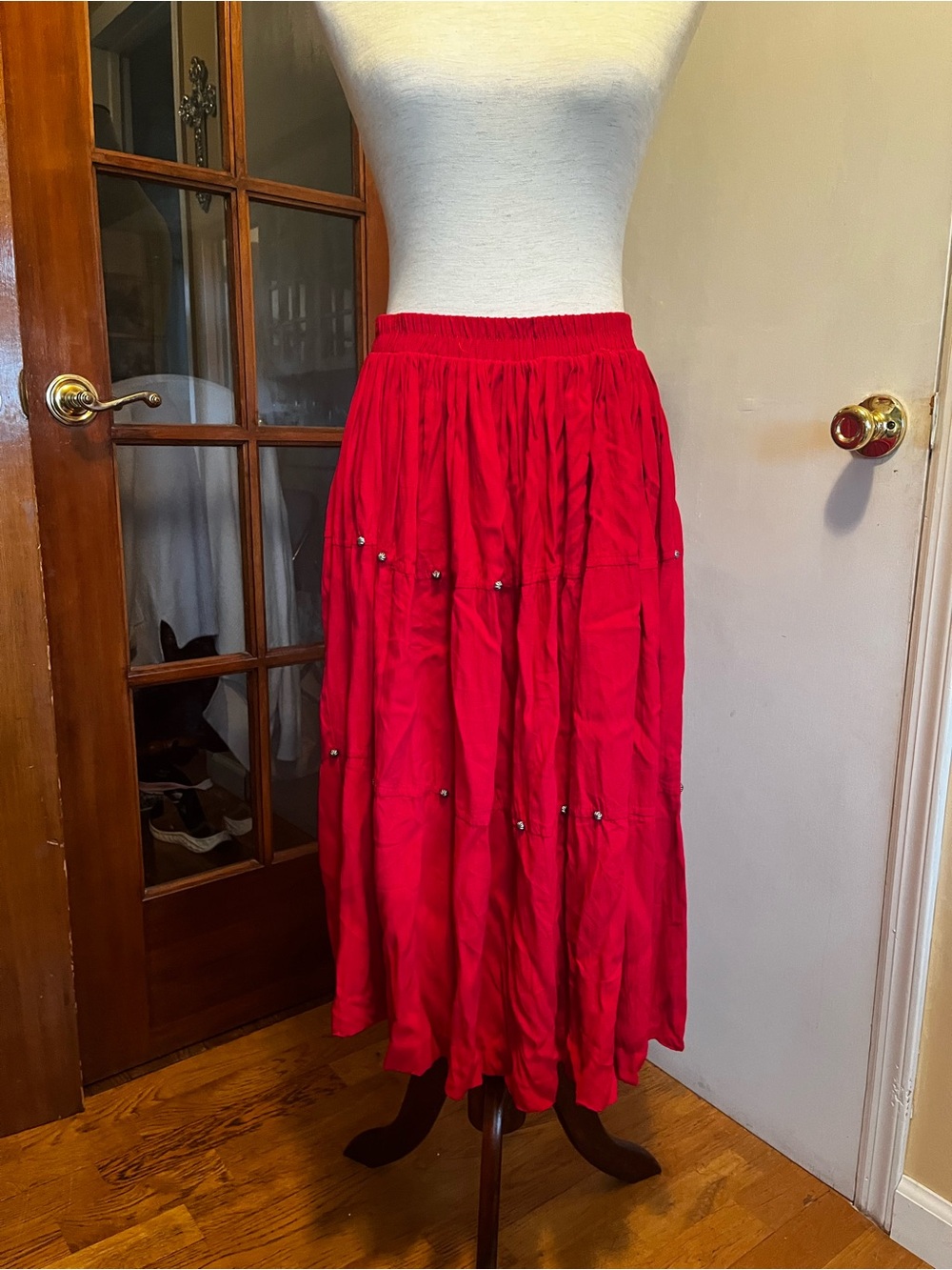Vintage Stonebridge Red Studded Tiered Maxi Skirt PM Western Boho